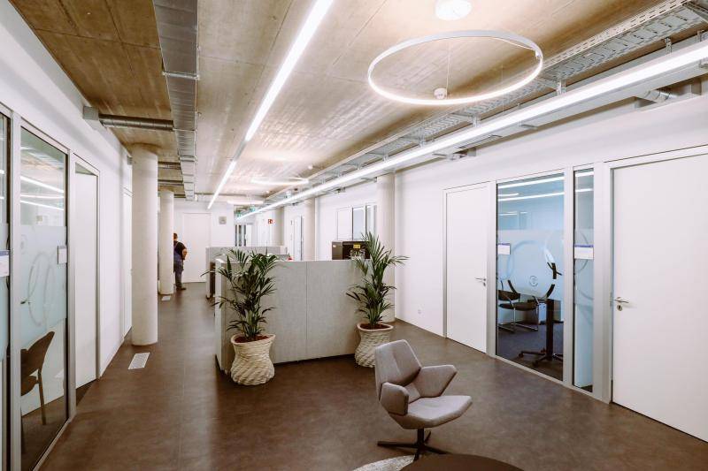 Flur zwischen Büroräumen mit Sitzmöglichkeiten und Pflanzen. Hell beleuchtet durch Lichtbänder gerade und inKreisform.