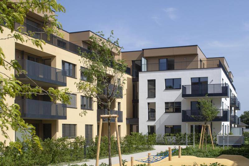 Im Vordergrund ein kleiner Park mit angelegten Wegen und jungen Bäumen. IM Hintergrund das Gebäude mit seiner gelblichen und teilweise weißen Fassade und Flachdach Im Vordergrund ein kleiner Park mit angelegten Wegen und jungen Bäumen. IM Hintergrund das Gebäude mit seiner gelblichen und teilweise weißen Fassade und Flachdach