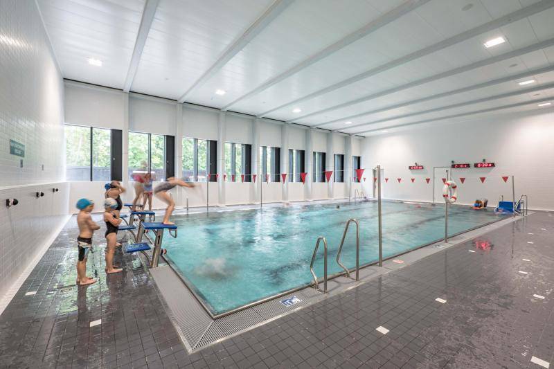 Das Schwimmbecken ist zu sehen. Dieses ist mit grauen Fliesen umrandet. An den Startböcken springen kinder ins Wasser. Die Wände sind weiß und an einer Wand sind Fenster angeordnet. Am Ende des Beckens hängen digitale Uhren an der Wand. Das Schwimmbecken ist zu sehen. Dieses ist mit grauen Fliesen umrandet. An den Startböcken springen kinder ins Wasser. Die Wände sind weiß und an einer Wand sind Fenster angeordnet. Am Ende des Beckens hängen digitale Uhren an der Wand.